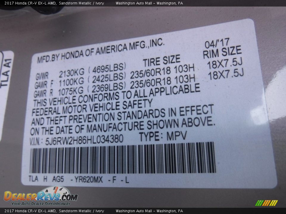 2017 Honda CR-V EX-L AWD Sandstorm Metallic / Ivory Photo #29