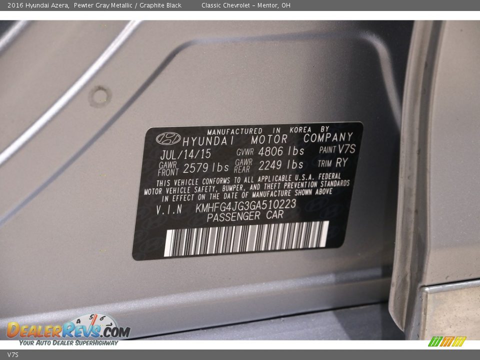 Hyundai Color Code V7S Pewter Gray Metallic