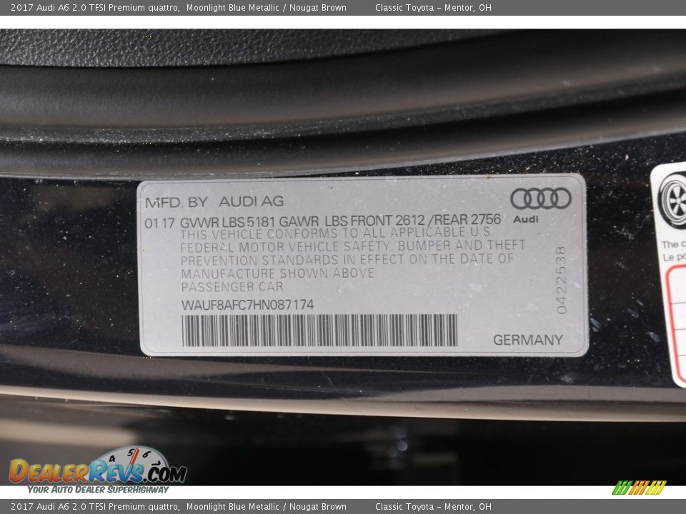 2017 Audi A6 2.0 TFSI Premium quattro Moonlight Blue Metallic / Nougat Brown Photo #24