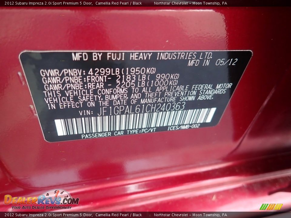 2012 Subaru Impreza 2.0i Sport Premium 5 Door Camellia Red Pearl / Black Photo #14