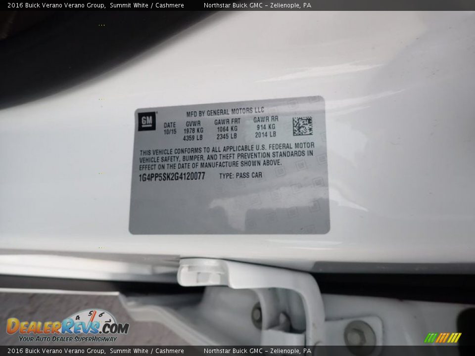 2016 Buick Verano Verano Group Summit White / Cashmere Photo #15