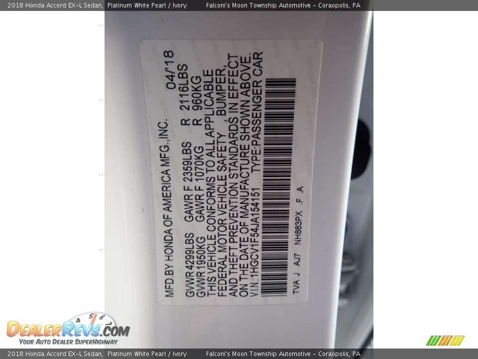 2018 Honda Accord EX-L Sedan Platinum White Pearl / Ivory Photo #23