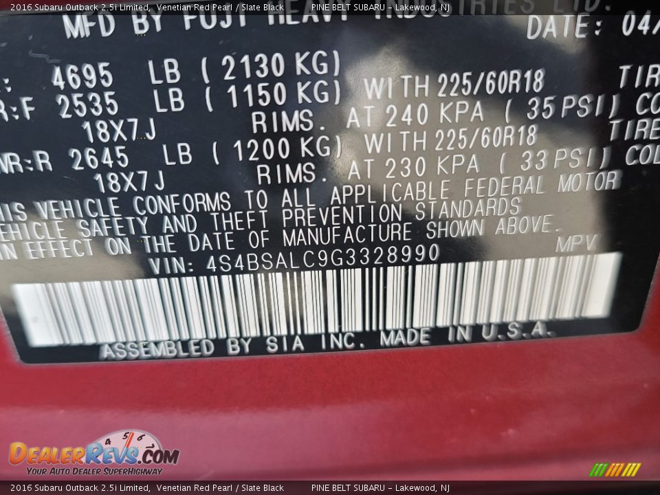 2016 Subaru Outback 2.5i Limited Venetian Red Pearl / Slate Black Photo #35