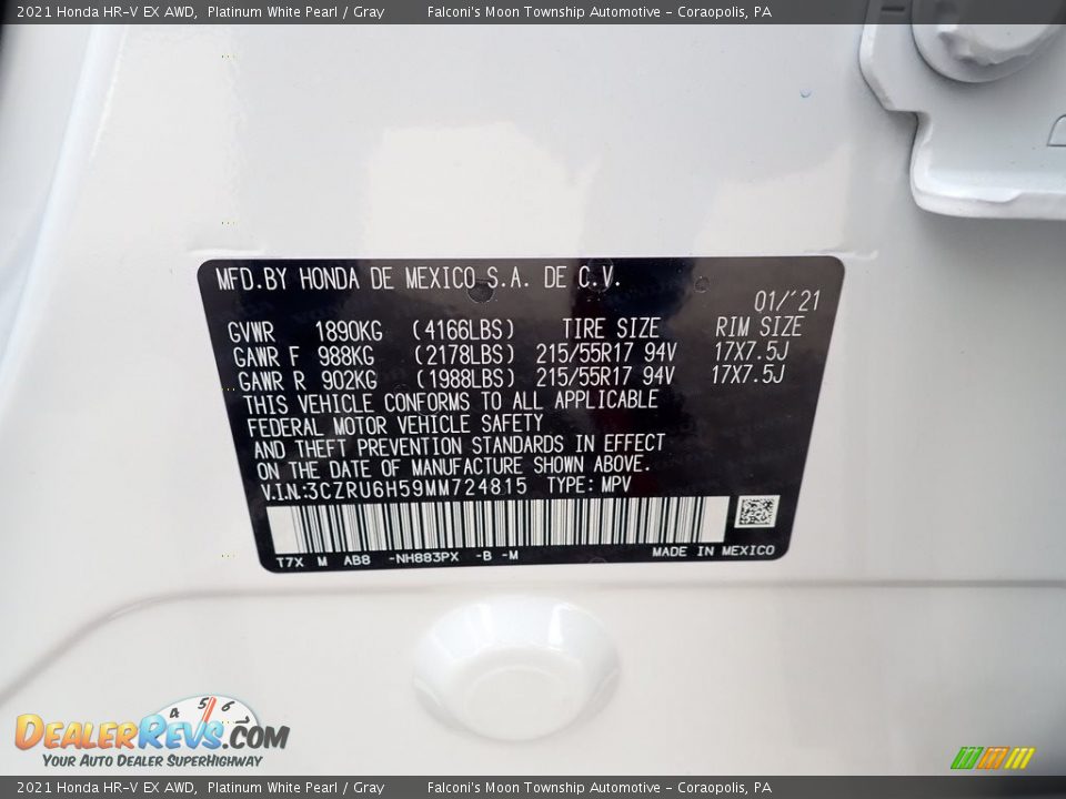 2021 Honda HR-V EX AWD Platinum White Pearl / Gray Photo #12