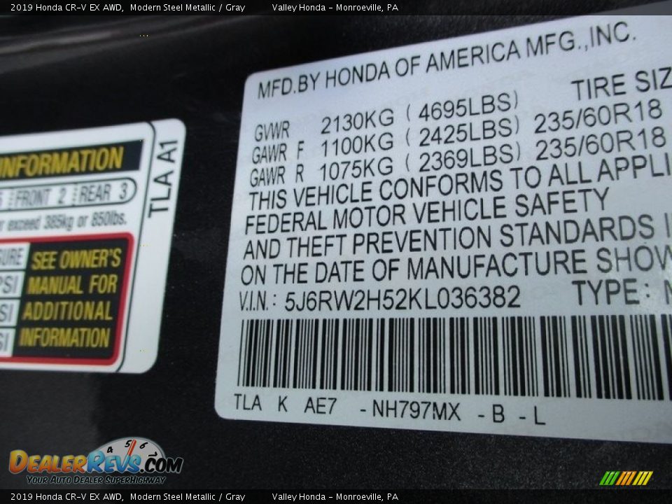 2019 Honda CR-V EX AWD Modern Steel Metallic / Gray Photo #19