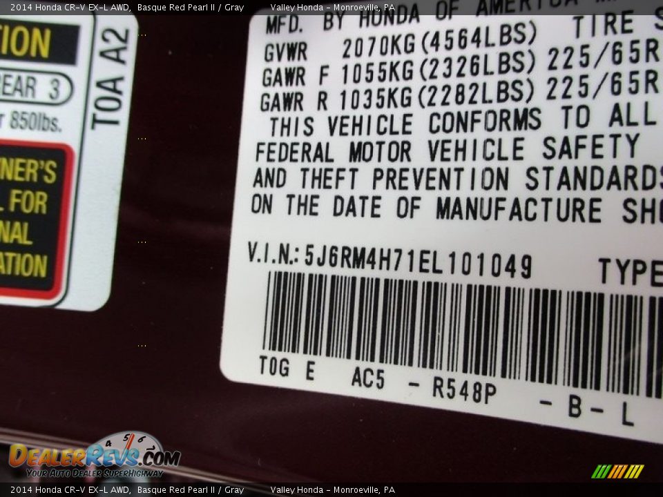 2014 Honda CR-V EX-L AWD Basque Red Pearl II / Gray Photo #19