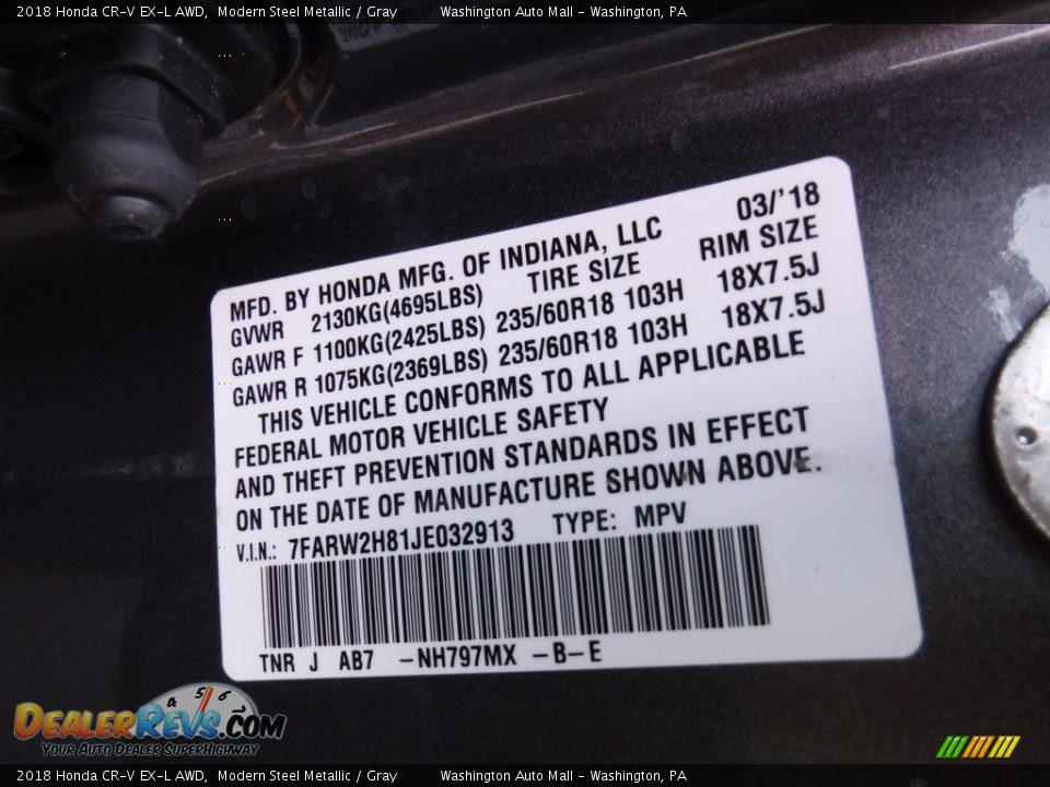 2018 Honda CR-V EX-L AWD Modern Steel Metallic / Gray Photo #29
