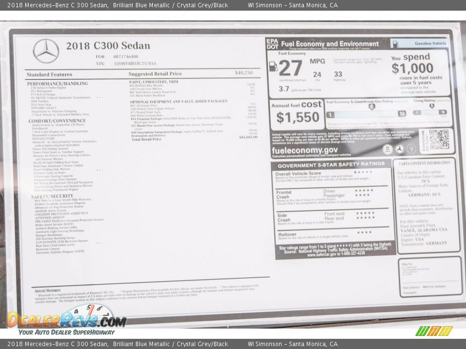 2018 Mercedes-Benz C 300 Sedan Brilliant Blue Metallic / Crystal Grey/Black Photo #11