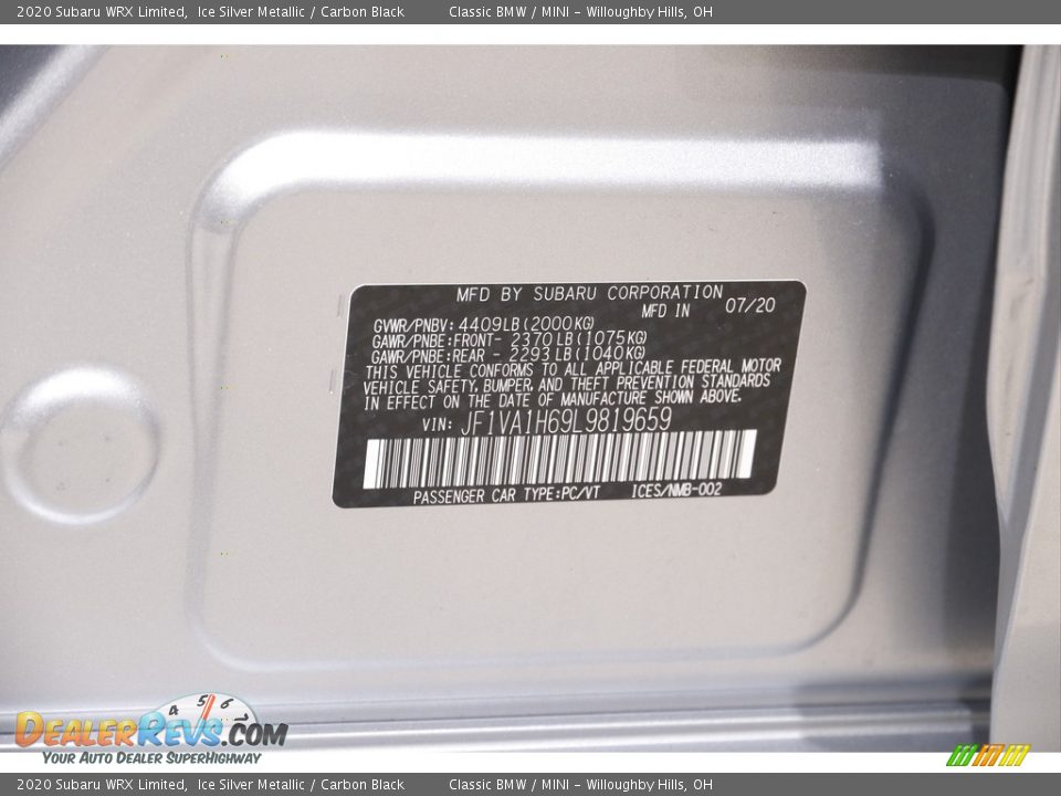 2020 Subaru WRX Limited Ice Silver Metallic / Carbon Black Photo #25
