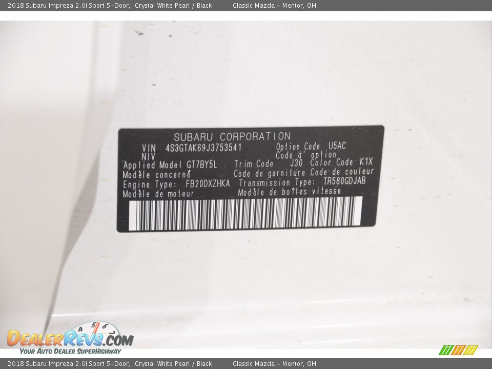 2018 Subaru Impreza 2.0i Sport 5-Door Crystal White Pearl / Black Photo #25