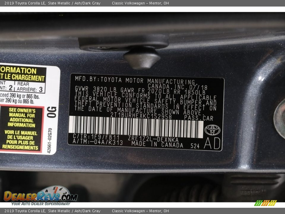 2019 Toyota Corolla LE Slate Metallic / Ash/Dark Gray Photo #18