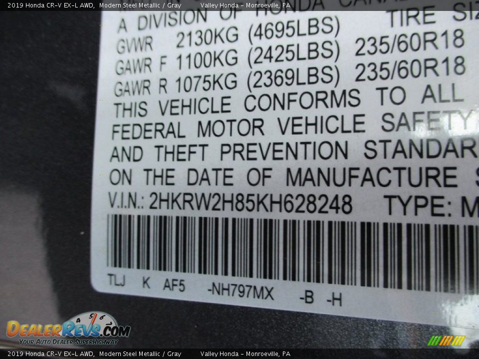 2019 Honda CR-V EX-L AWD Modern Steel Metallic / Gray Photo #19