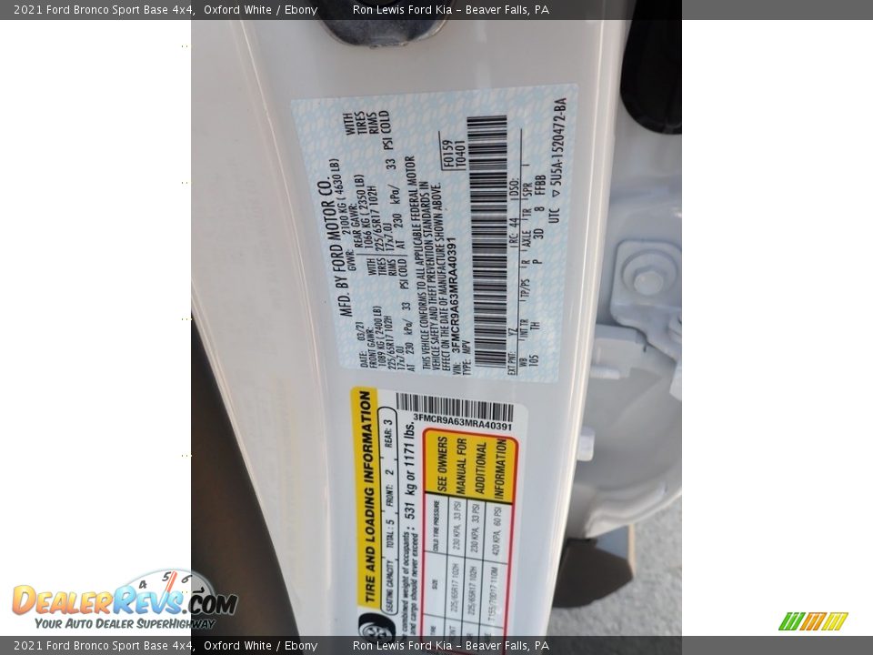 2021 Ford Bronco Sport Base 4x4 Oxford White / Ebony Photo #17