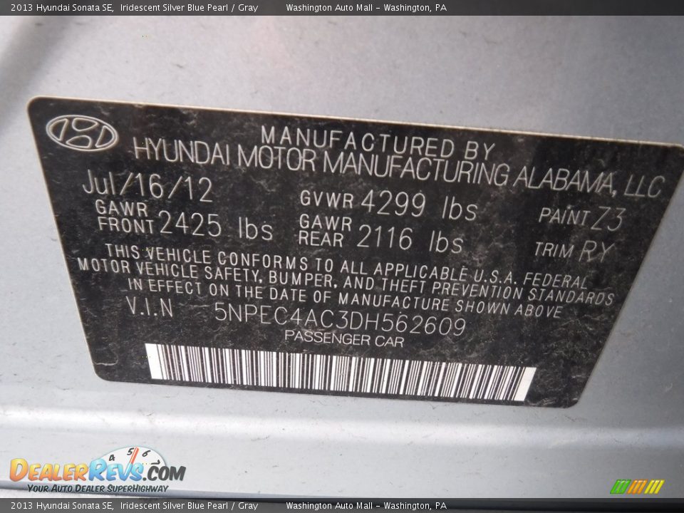 2013 Hyundai Sonata SE Iridescent Silver Blue Pearl / Gray Photo #27