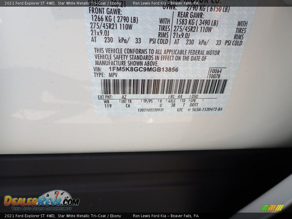 2021 Ford Explorer ST 4WD Star White Metallic Tri-Coat / Ebony Photo #14