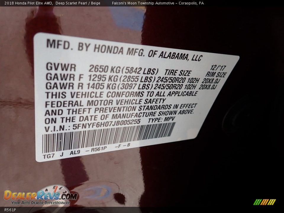 Honda Color Code R561P Deep Scarlet Pearl