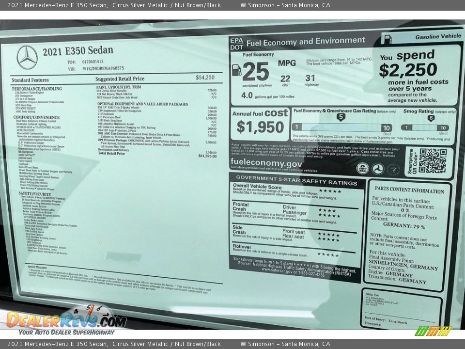 2021 Mercedes-Benz E 350 Sedan Cirrus Silver Metallic / Nut Brown/Black Photo #13