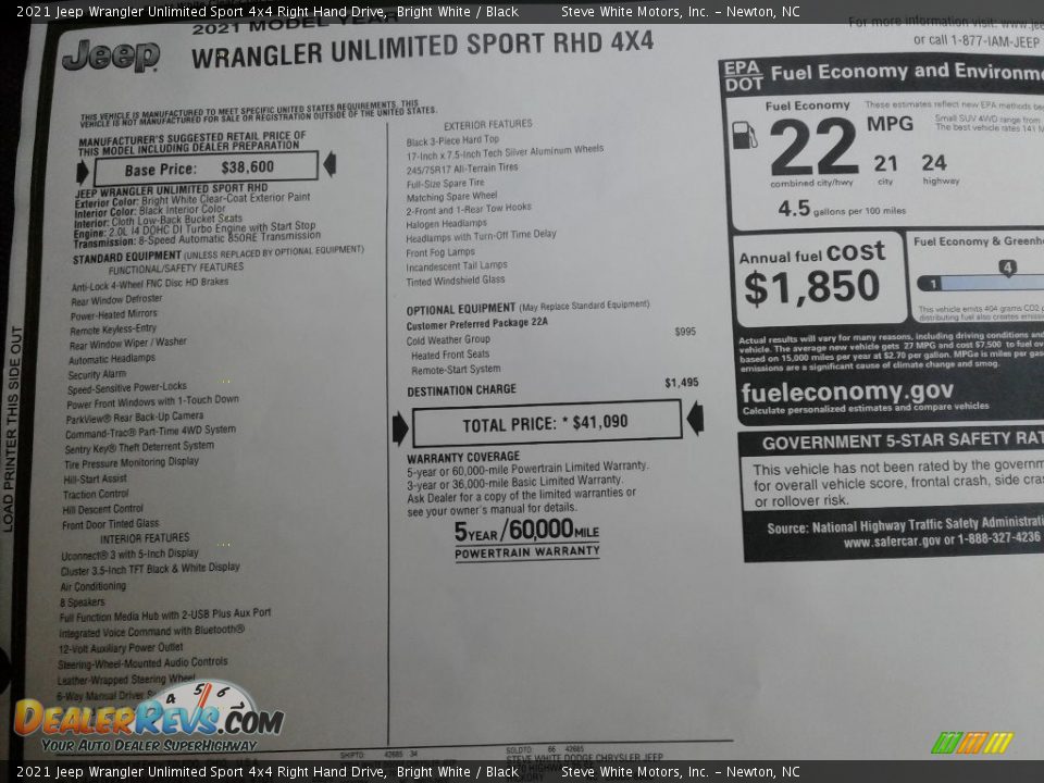 2021 Jeep Wrangler Unlimited Sport 4x4 Right Hand Drive Window Sticker Photo #27