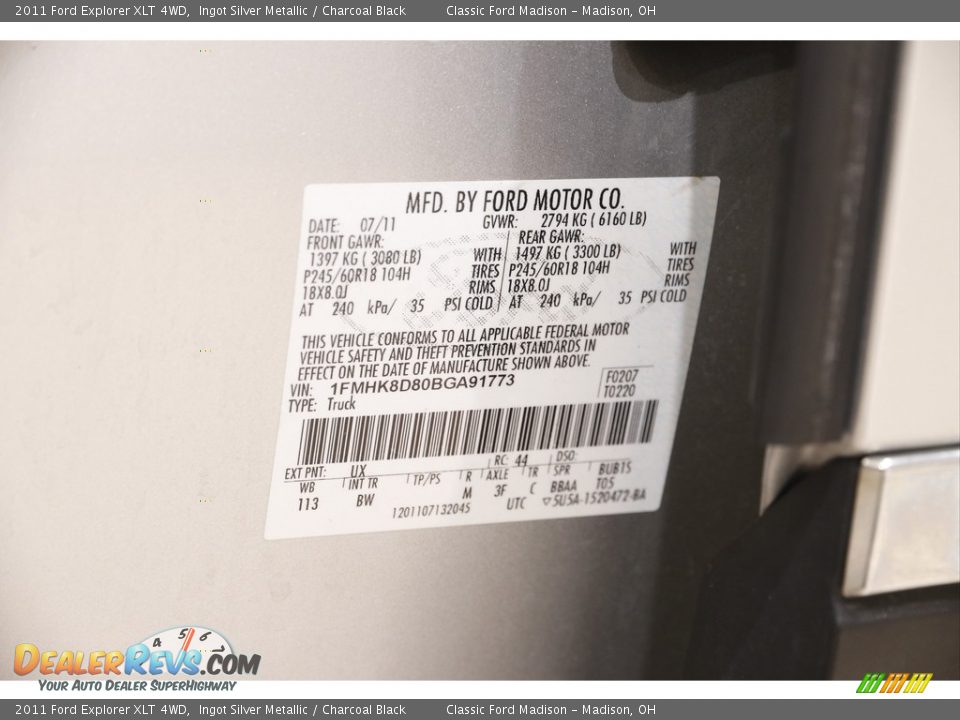 2011 Ford Explorer XLT 4WD Ingot Silver Metallic / Charcoal Black Photo #20