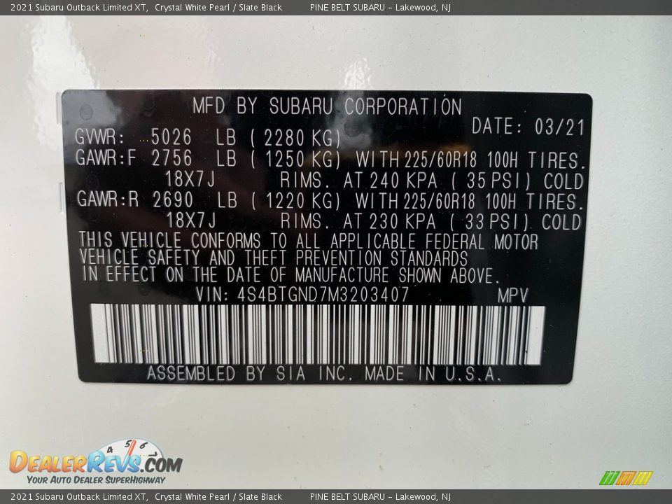2021 Subaru Outback Limited XT Crystal White Pearl / Slate Black Photo #14