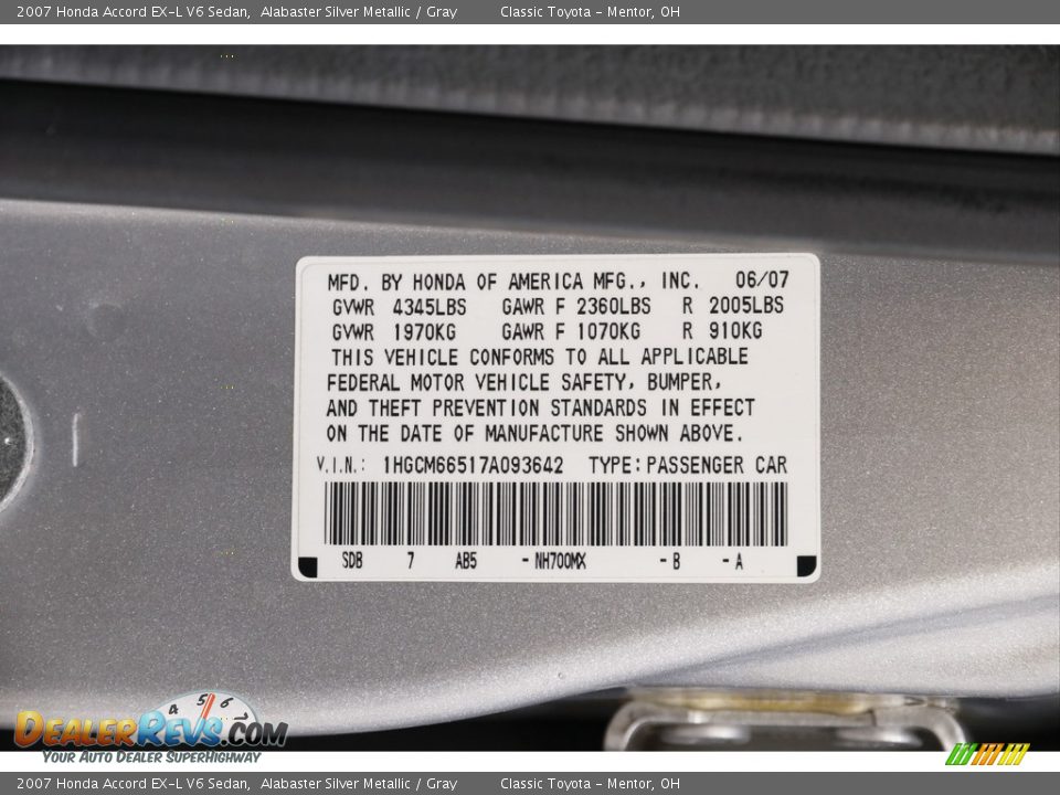 2007 Honda Accord EX-L V6 Sedan Alabaster Silver Metallic / Gray Photo #16