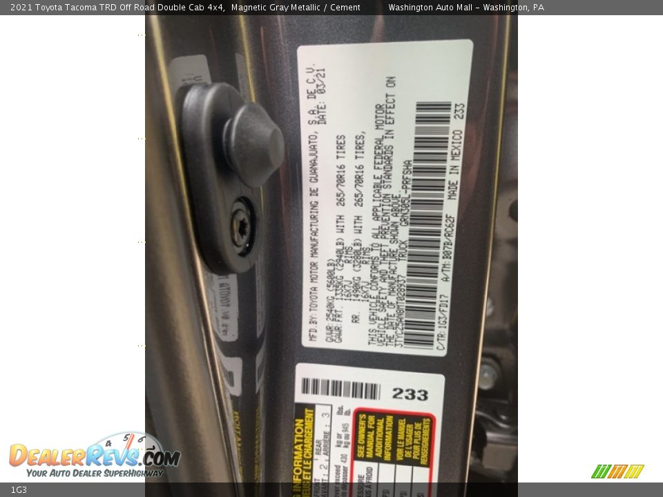 Toyota Color Code 1G3 Magnetic Gray Metallic