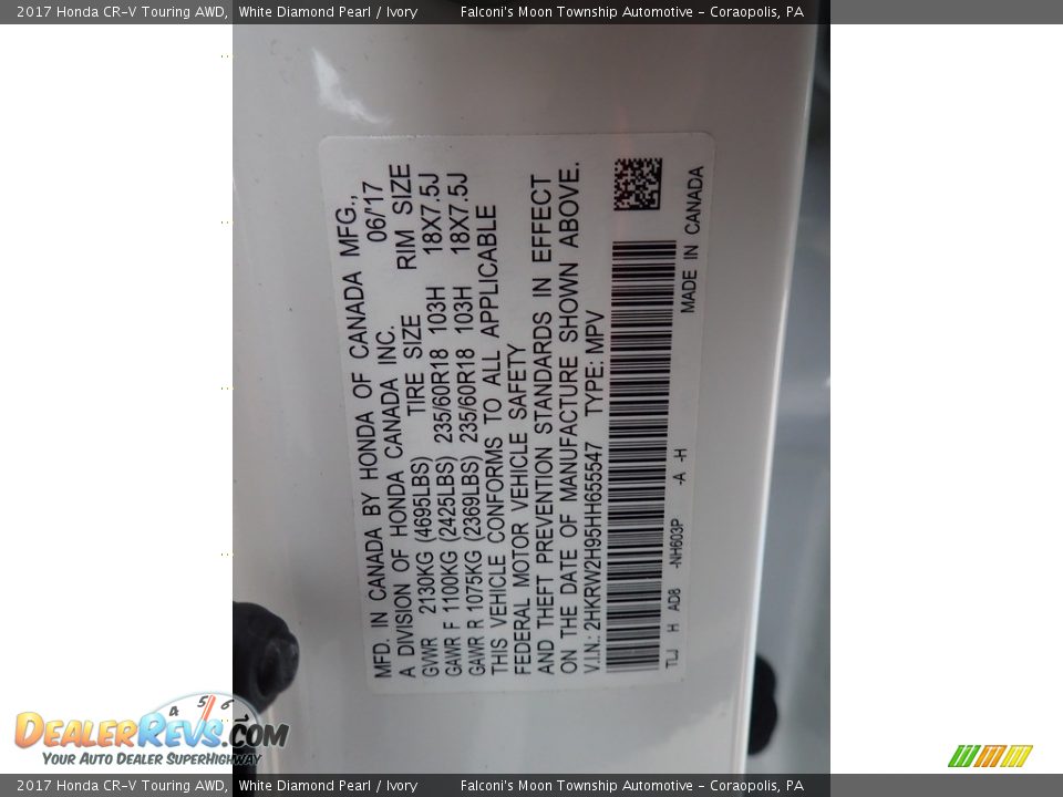 2017 Honda CR-V Touring AWD White Diamond Pearl / Ivory Photo #23