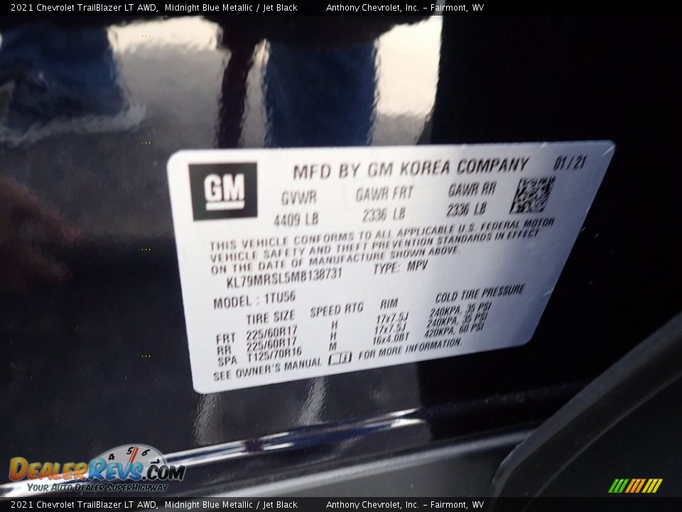 2021 Chevrolet TrailBlazer LT AWD Midnight Blue Metallic / Jet Black Photo #15