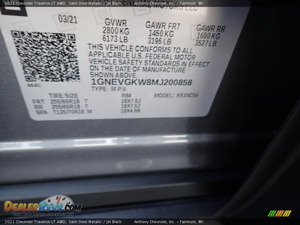 2021 Chevrolet Traverse LT AWD Satin Steel Metallic / Jet Black Photo #15