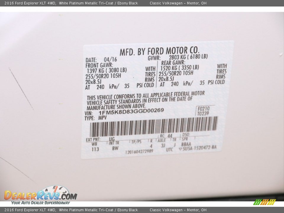 2016 Ford Explorer XLT 4WD White Platinum Metallic Tri-Coat / Ebony Black Photo #21