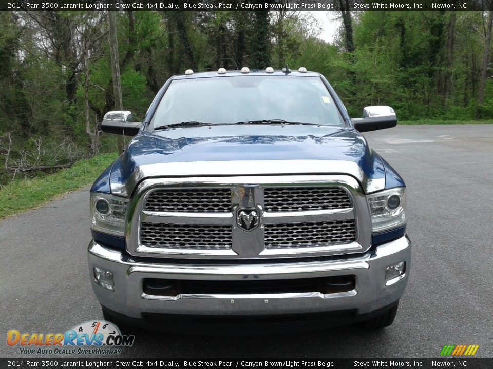 2014 Ram 3500 Laramie Longhorn Crew Cab 4x4 Dually Blue Streak Pearl / Canyon Brown/Light Frost Beige Photo #3