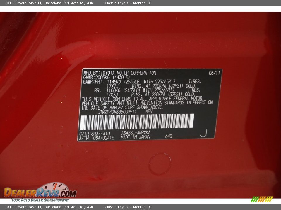 2011 Toyota RAV4 I4 Barcelona Red Metallic / Ash Photo #17