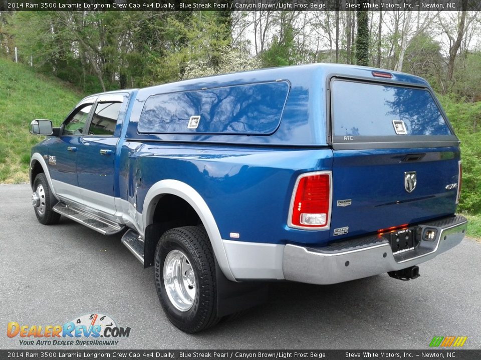 2014 Ram 3500 Laramie Longhorn Crew Cab 4x4 Dually Blue Streak Pearl / Canyon Brown/Light Frost Beige Photo #11