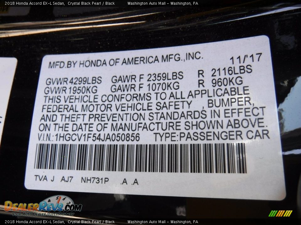 2018 Honda Accord EX-L Sedan Crystal Black Pearl / Black Photo #29