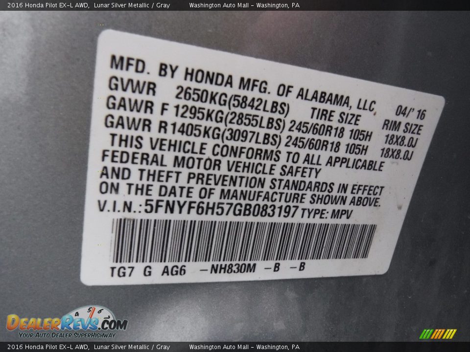 2016 Honda Pilot EX-L AWD Lunar Silver Metallic / Gray Photo #27