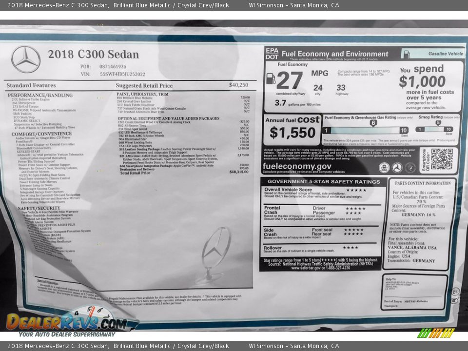 2018 Mercedes-Benz C 300 Sedan Brilliant Blue Metallic / Crystal Grey/Black Photo #10
