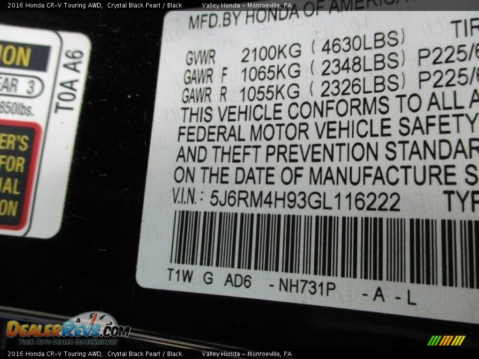 2016 Honda CR-V Touring AWD Crystal Black Pearl / Black Photo #19