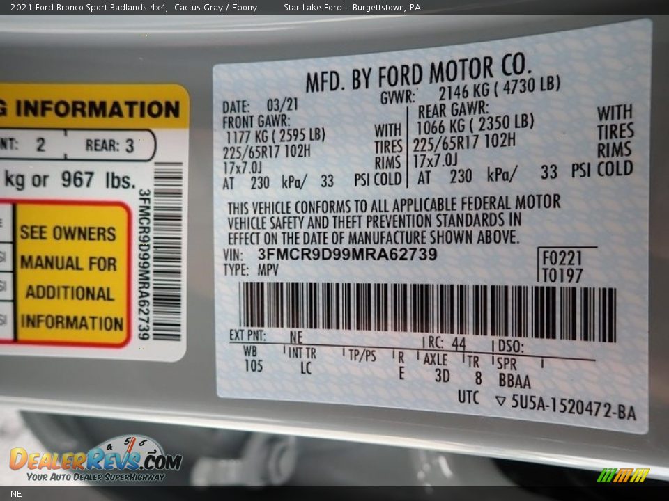 Ford Color Code NE Cactus Gray