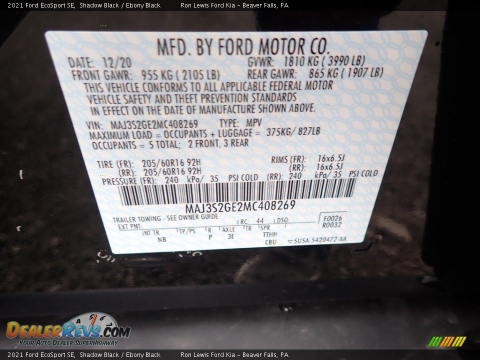2021 Ford EcoSport SE Shadow Black / Ebony Black Photo #16