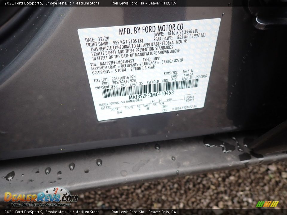 2021 Ford EcoSport S Smoke Metallic / Medium Stone Photo #16