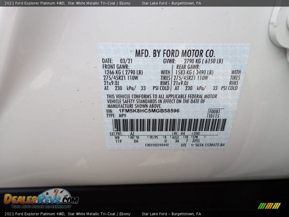 2021 Ford Explorer Platinum 4WD Star White Metallic Tri-Coat / Ebony Photo #14