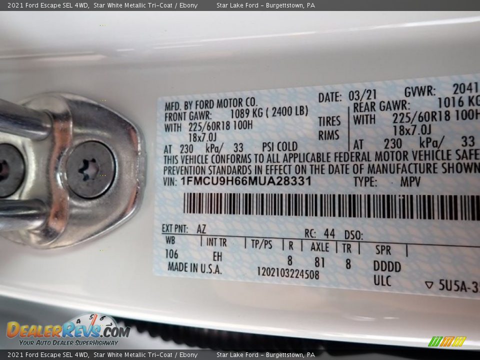 2021 Ford Escape SEL 4WD Star White Metallic Tri-Coat / Ebony Photo #14