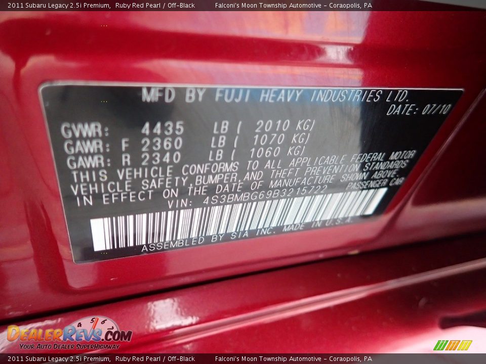 2011 Subaru Legacy 2.5i Premium Ruby Red Pearl / Off-Black Photo #24