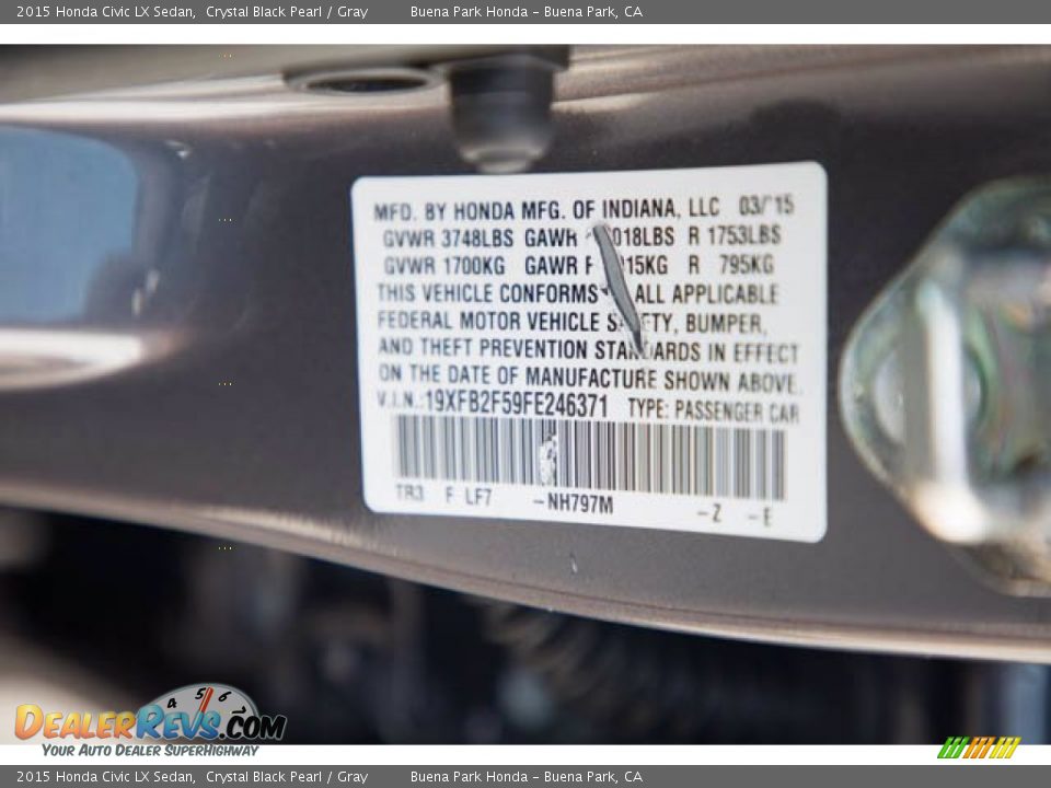 2015 Honda Civic LX Sedan Crystal Black Pearl / Gray Photo #36