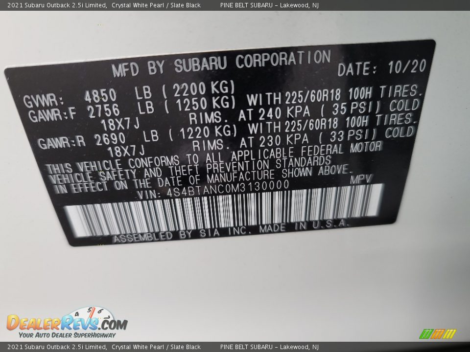 2021 Subaru Outback 2.5i Limited Crystal White Pearl / Slate Black Photo #36