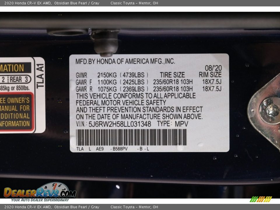 2020 Honda CR-V EX AWD Obsidian Blue Pearl / Gray Photo #20
