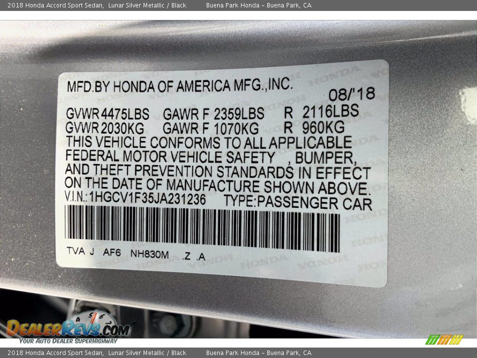2018 Honda Accord Sport Sedan Lunar Silver Metallic / Black Photo #35