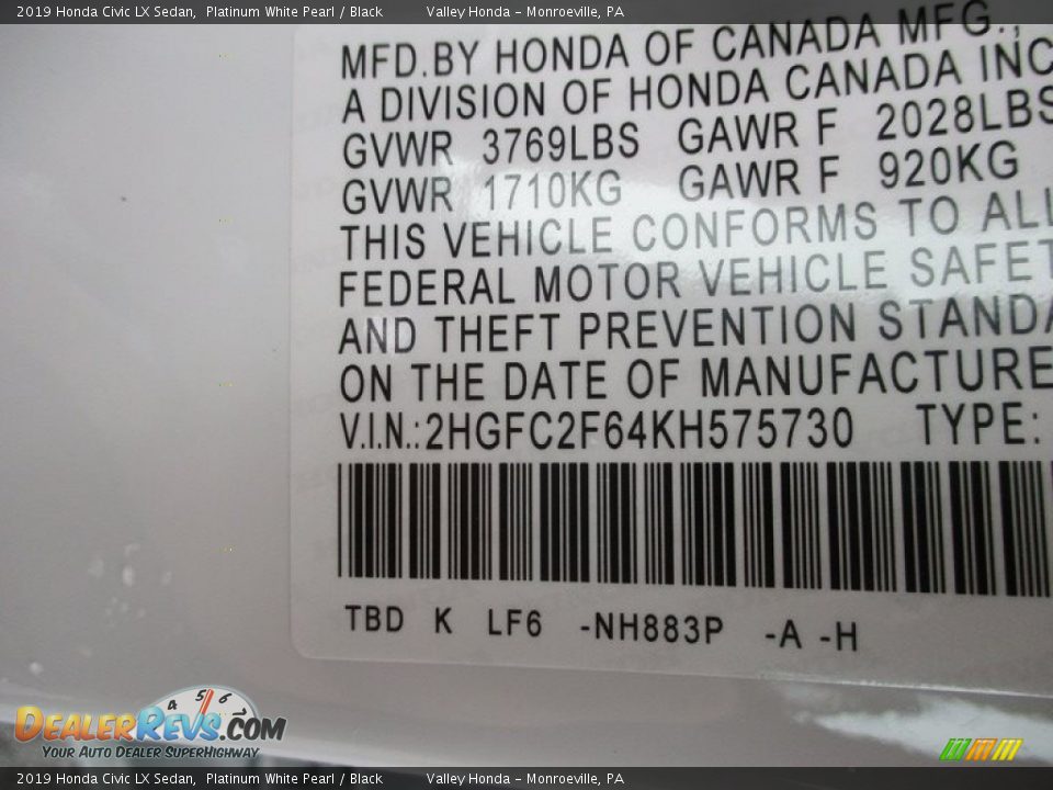 2019 Honda Civic LX Sedan Platinum White Pearl / Black Photo #19