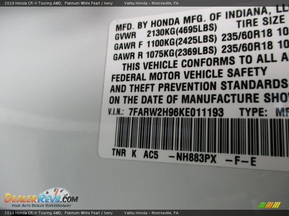2019 Honda CR-V Touring AWD Platinum White Pearl / Ivory Photo #19