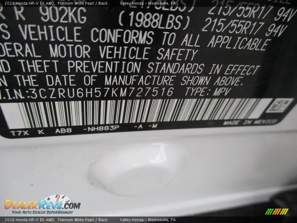 2019 Honda HR-V EX AWD Platinum White Pearl / Black Photo #19